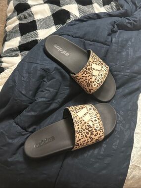 adidas Women's Leopard Print Slide Sandals - Black/Tan